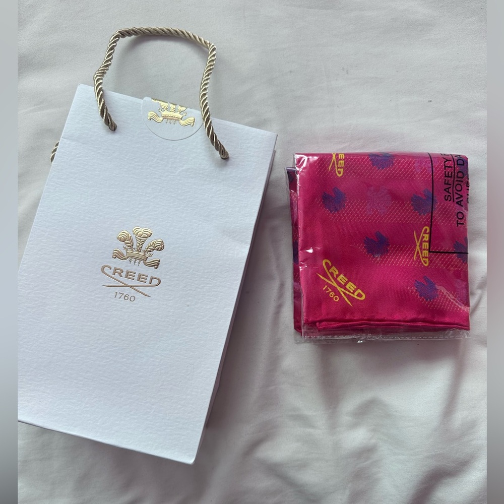 Creed 20X20 Silk Scarf and small shopping bag